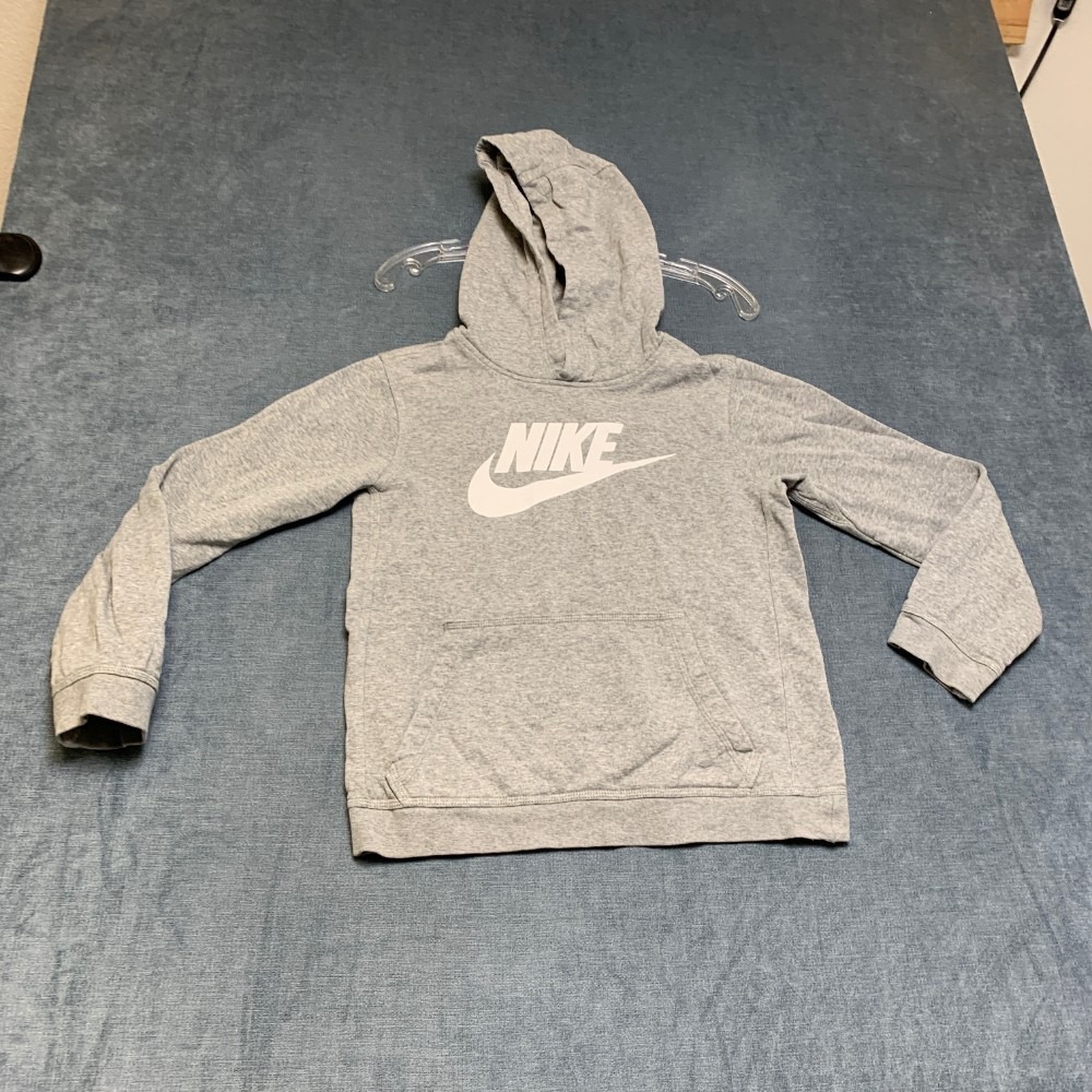 Nike Hoodie Kids Large Heather Gray Graphic Logo Kangaroo Pockets Winterwear